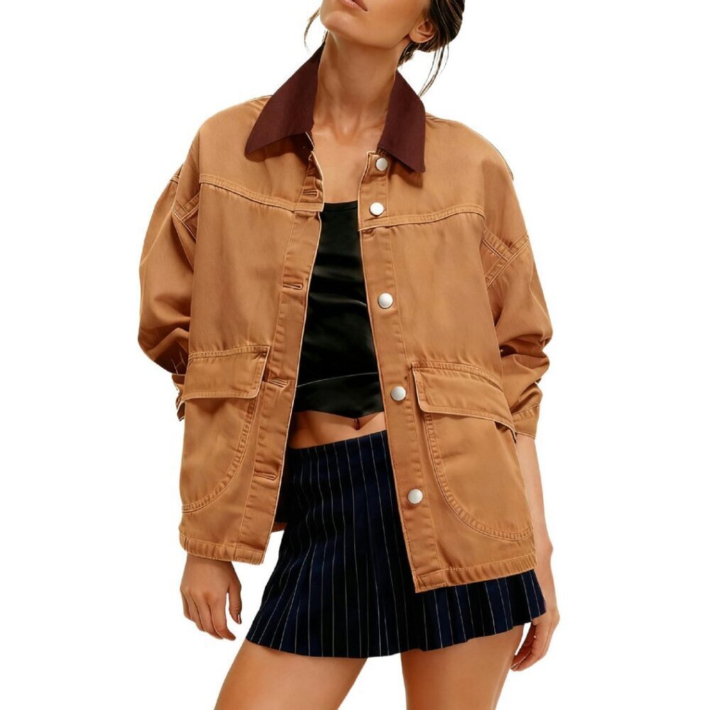 Oversized Denim Shacket Jacket with Contrast Collar and Pockets